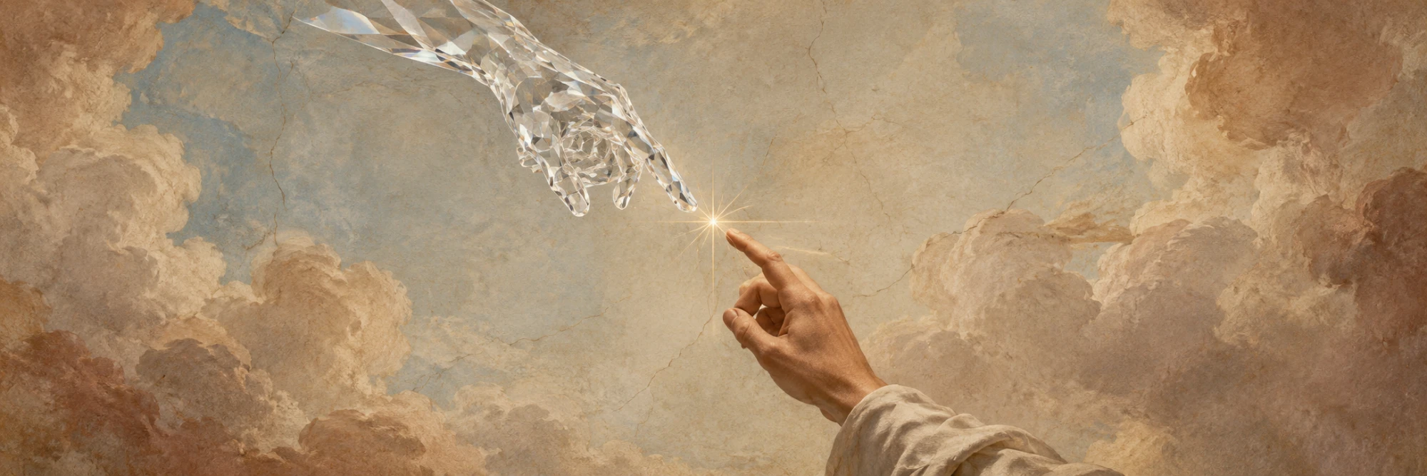 A diamond hand and a human hand about to touch